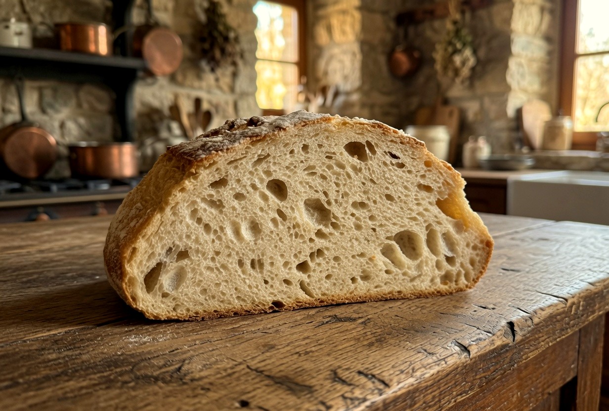 A halved sourdough loaf with an open crumb on a farmhouse table