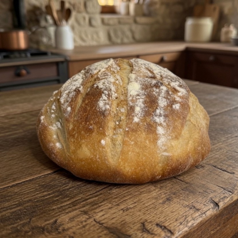 A floured sourdough boule on a rustic kitchen table